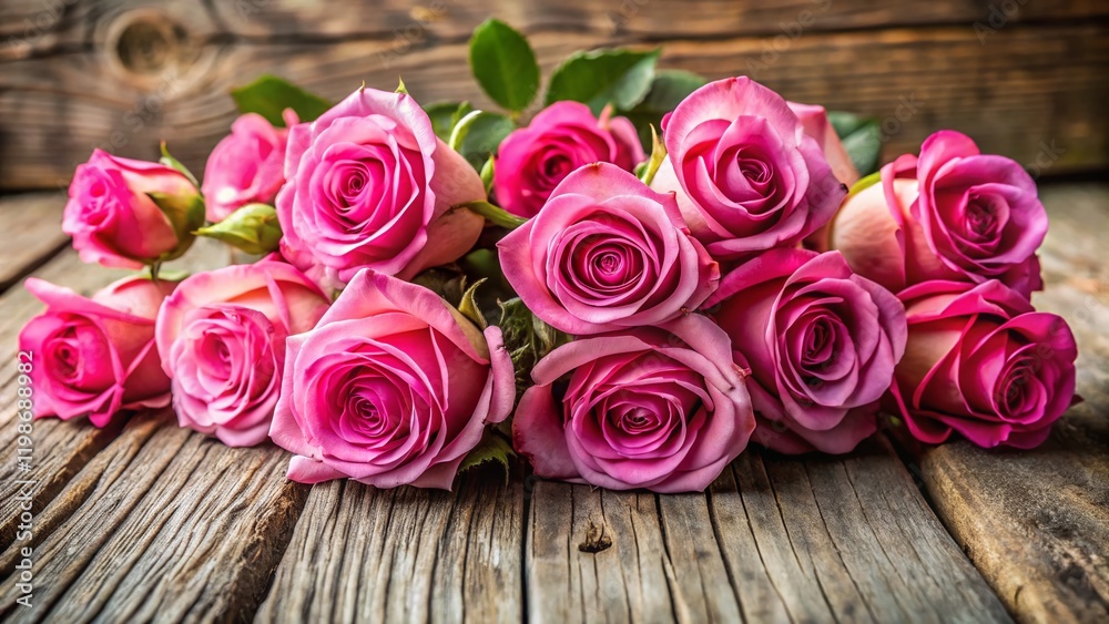 Pink Roses Bouquet on Rustic Wooden Table - High-Resolution Stock Photo Pink Roses Bouquet on Rustic Wooden Table - High-Resolution Stock Photo