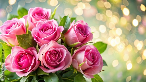 Pink Roses Bouquet, Lush Green Leaves, Bokeh Effect, White Background Stock Photo