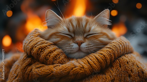 Animation of a cat lounging by a fire, dressed in a soft winter sweater