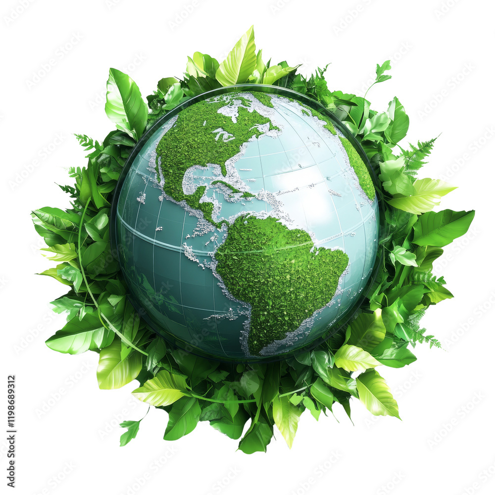 A 3D rendering of a green earth globe encircled by vibrant tropical leaves, symbolizing environmental conservation. A 3D rendering of a green earth globe encircled by vibrant tropical leaves, symbolizing environmental conservation.