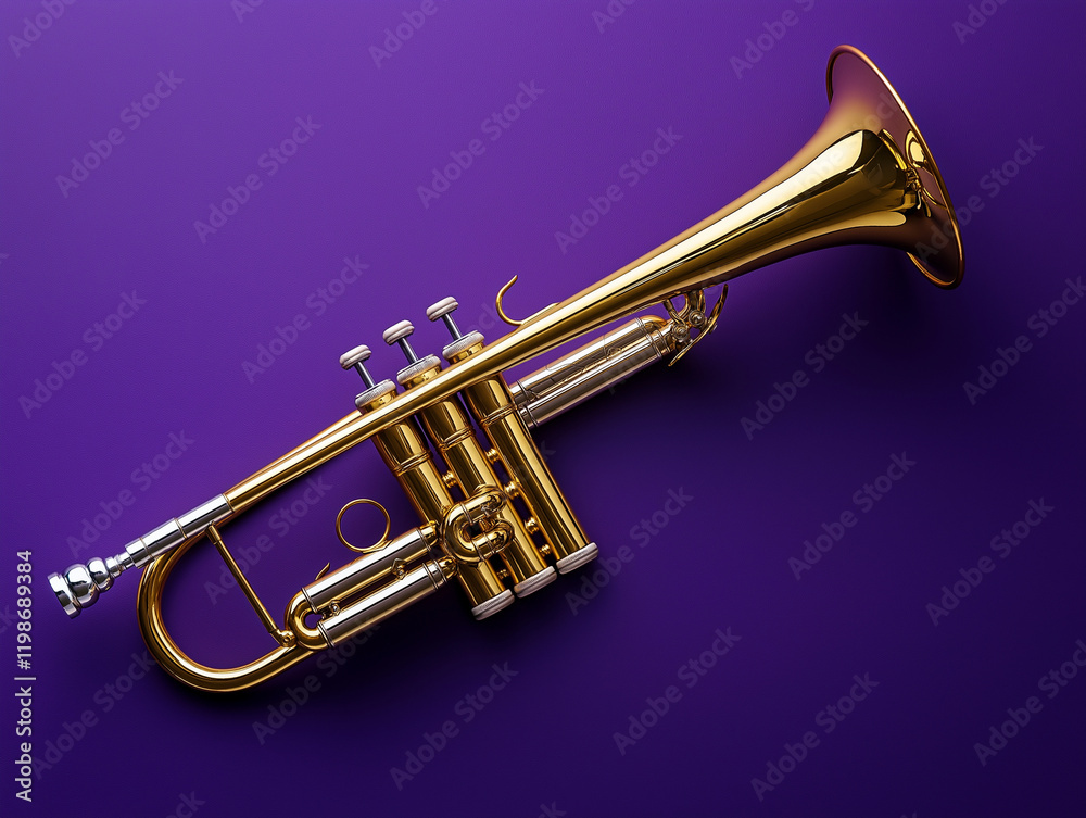 Obraz premium A shiny brass trumpet with intricate details, placed diagonally on a deep royal purple background.