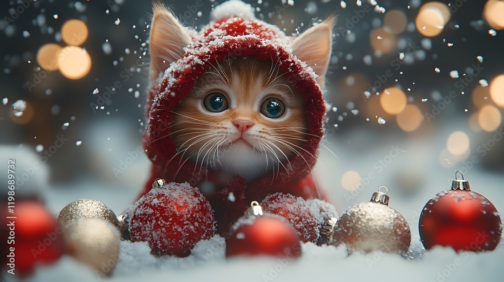 Obraz premium Animation of a kitten dressed in a holiday-themed coat playing with ornaments in the snow