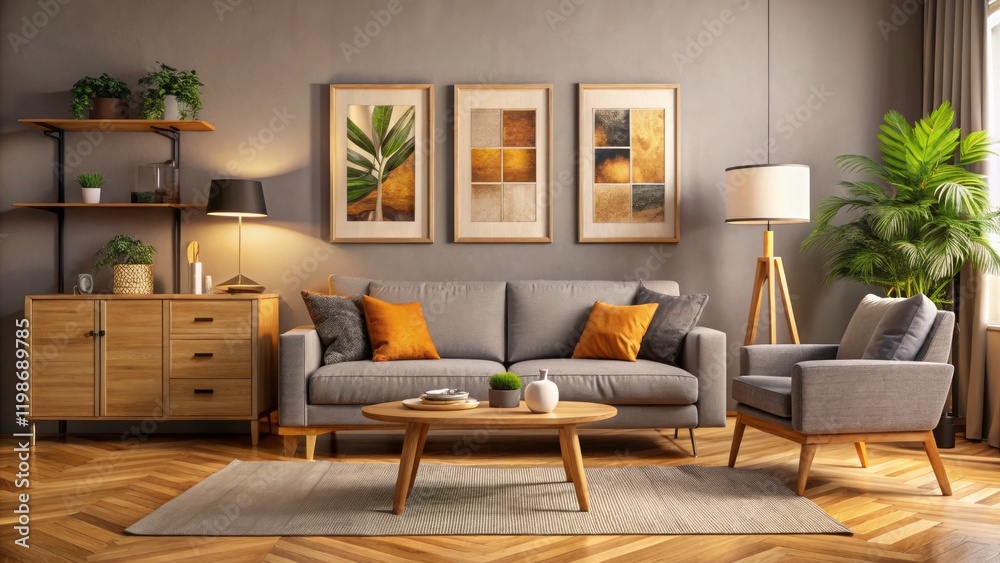 Fototapeta premium Warm Toned Living Room Mockup: Empty Canvas Frames, Gray Sofa, Wood Cabinet, Modern Interior Design