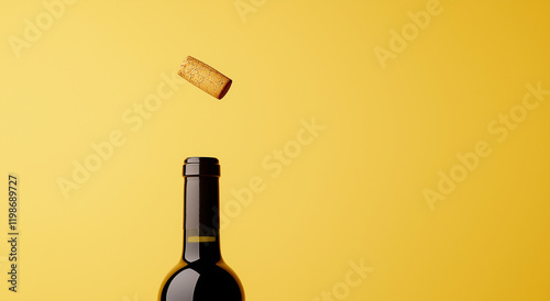Minimalist stock photo of the open top of an unbranded wine bottle with no labels or graphics, and a single wine cork flying out from inside on a light yellow background.