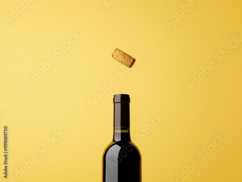 Minimalist stock photo of the open top of an unbranded wine bottle with no labels or graphics, and a single wine cork flying out from inside on a light yellow background. photo