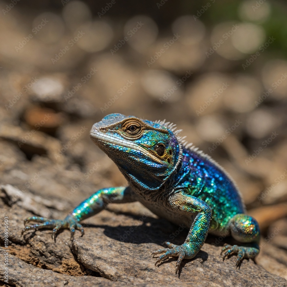 A small lizard with iridescent scales basking in the sun. A small lizard with iridescent scales basking in the sun.