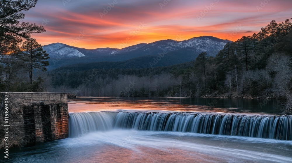Fototapeta premium Serene Sunset Over a Tranquil River with Cascade Waterfall and Majestic Mountains in the Background Creating a Peaceful Natural Landscape Scene