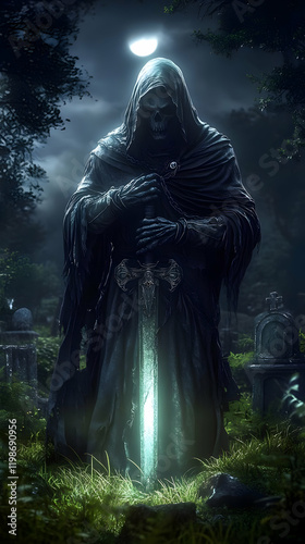 Hooded Figure with Glowing Sword Stands in Graveyard Under Moonlit Sky