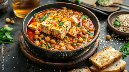 Vegan dinner table choclaty bowl with tofu chickpeas and quinoa lentil soup and toasts photo