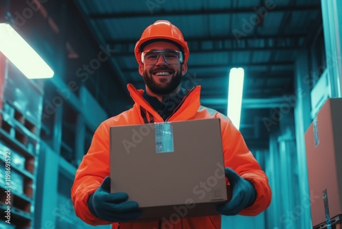 Smiling Warehouse Worker in Bright Orange Safety Jacket Holding Cardboard Box in Modern Industrial Environment with Neon Lighting photo