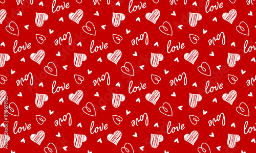 Seamless pattern with hand drawn cute red hearts ink vector illustration. Valentine's day wrapping pattern. Vector illustration.