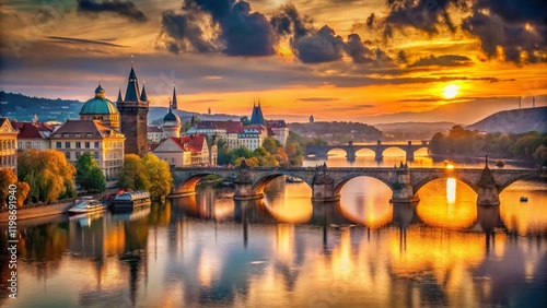 Prague's Vltava River, Charles Bridge & Historic Architecture at Sunset - Czech Republic