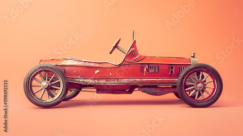 Vintage old red clockwork racecar made of tin isolated on a soft pink and orange background