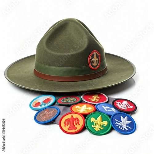 green scout hat with colorful merit badges on white background