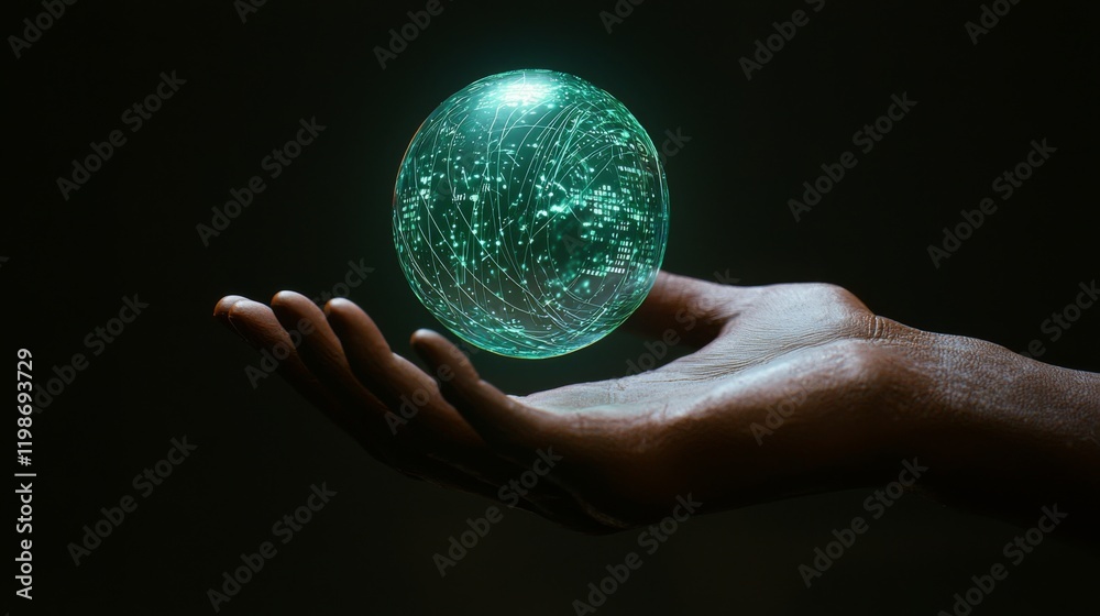 Futuristic Glowing Orb of Data Held in a Dark Hand Abstract Technology Concept Futuristic Glowing Orb of Data Held in a Dark Hand Abstract Technology Concept