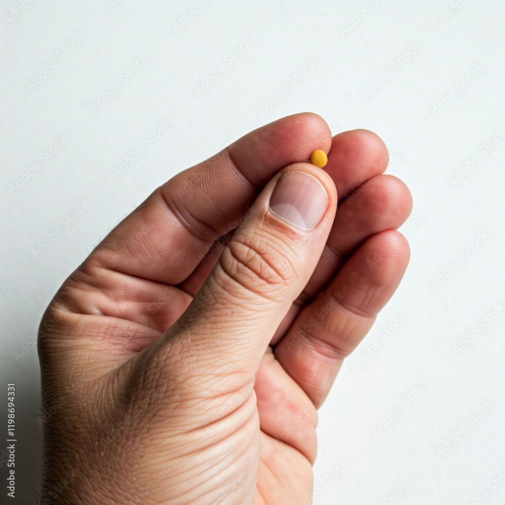 closeup of hand holding single yellow pill against white background closeup of hand holding single yellow pill against white background