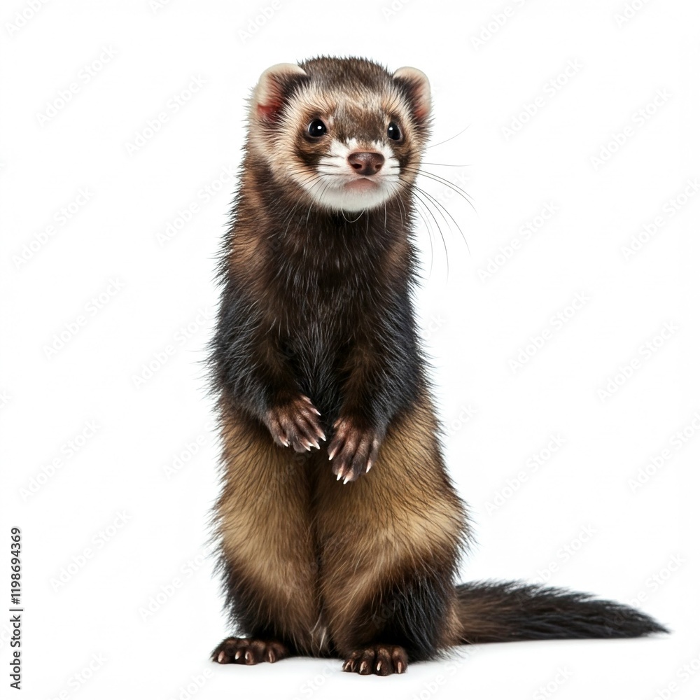 cute adorable brown and white ferret standing up on white background looking at camera cute adorable brown and white ferret standing up on white background looking at camera
