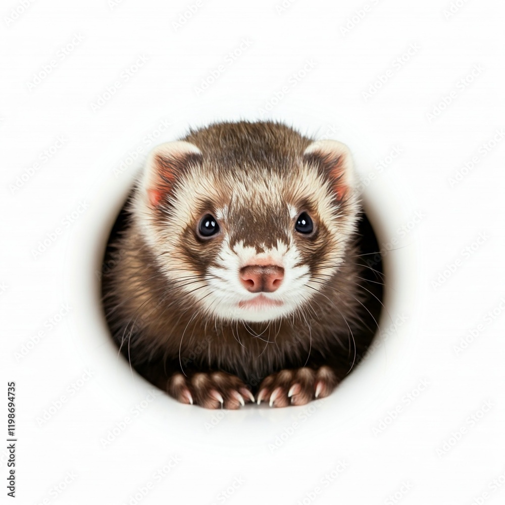 cute ferret peeking out from a hole with its paws in the foreground on a white background cute ferret peeking out from a hole with its paws in the foreground on a white background