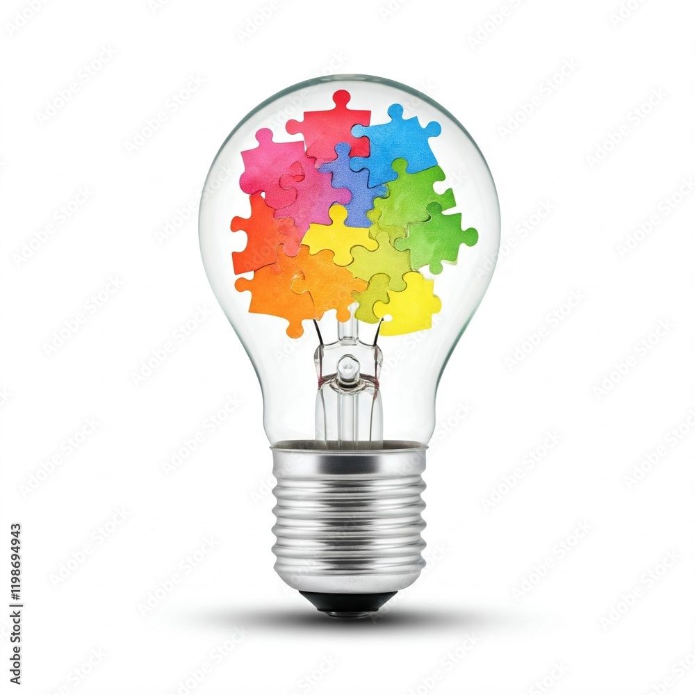 colorful puzzle pieces inside a light bulb on a white background conceptual image of creativity and solutions colorful puzzle pieces inside a light bulb on a white background conceptual image of creativity and solutions