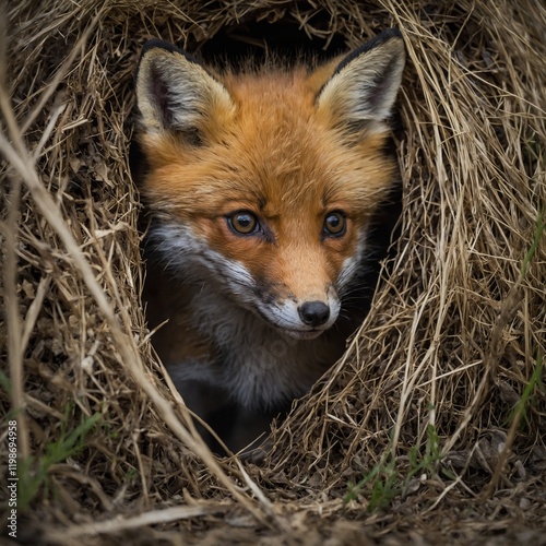 A baby fox peeking out of its den for the first time. photo