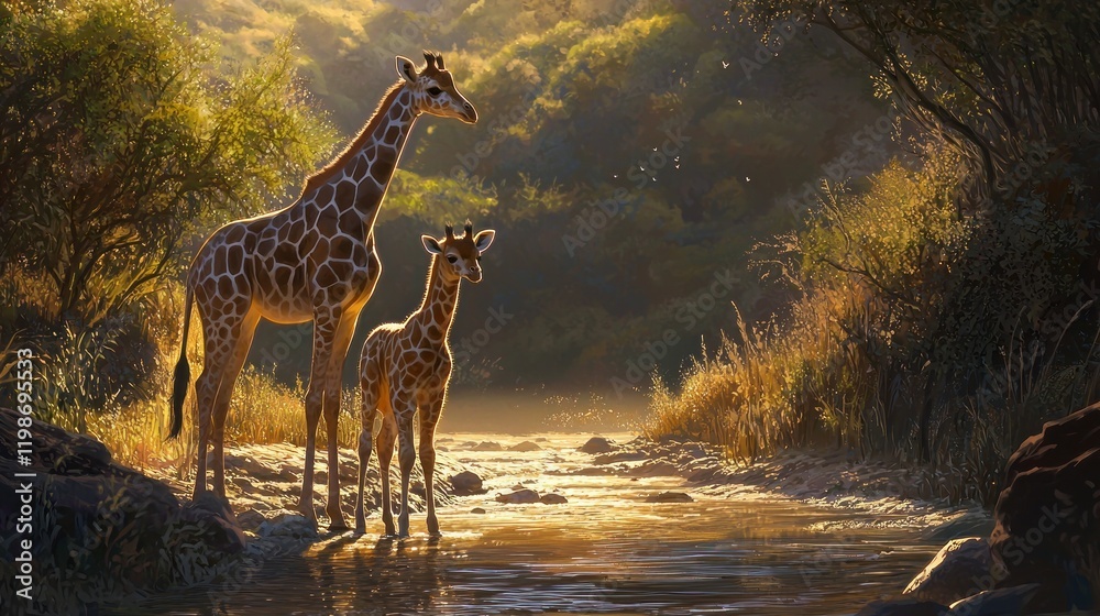 Obraz premium Giraffe and calf by a tranquil river at sunrise.