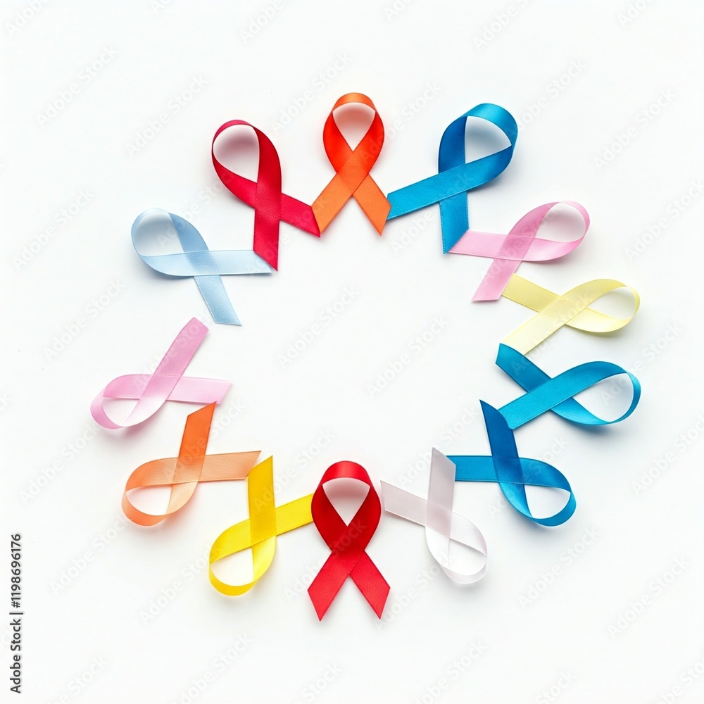 colorful awareness ribbons arranged in a circle on white background colorful awareness ribbons arranged in a circle on white background