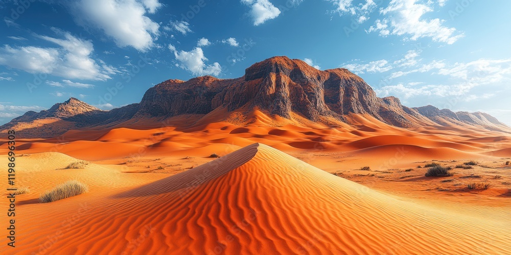 Naklejka premium Majestic Arabian Desert Landscape: Vivid Orange Sand Dunes and Rugged Mountains Under a Bright Sky