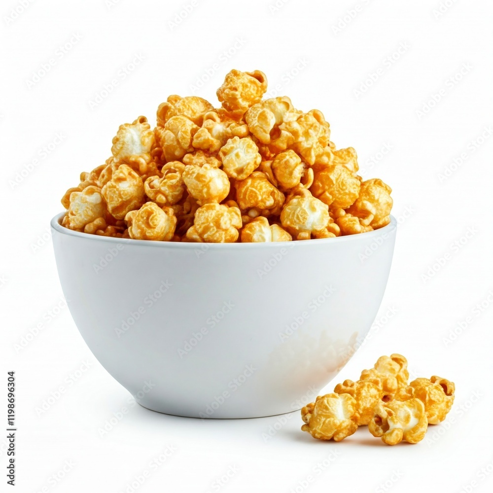 white bowl of caramel popcorn isolated on white background with a few pieces scattered in front of it white bowl of caramel popcorn isolated on white background with a few pieces scattered in front of it
