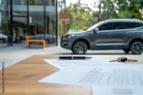 Vehicle registration papers and keys placed on a wooden table near a luxury car in an outdoor setting during daytime