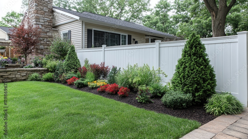 Naklejka premium Lush Garden Landscape with Colorful Flowers and Neatly Trimmed Shrubs Near a Home