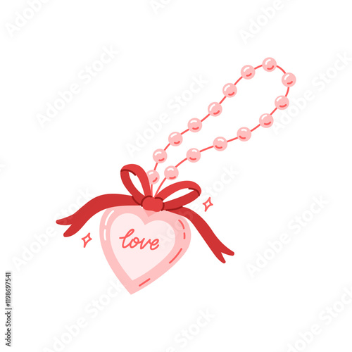 Pink heart pendant on bead necklace with red ribbon bow. Decoration trinket with the inscription love. Jewelry for neck with beautiful pearls. Symbol of love. Flat vector illustration