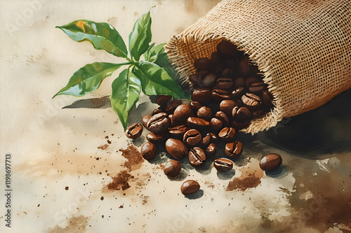 Watercolor background. coffee beans spill out of the bag