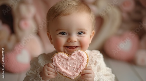 Adorable baby girl joyfully holding a heart-shaped cookie in a cozy, pink-themed setting photo