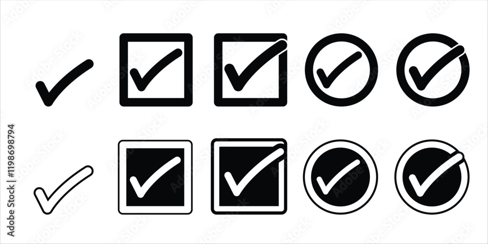 Check mark icon set isolated vector illustration on white background. Checkmarks and confirm Check marks for agreement, vote, confirmation, choice, apps, social media, polling etc