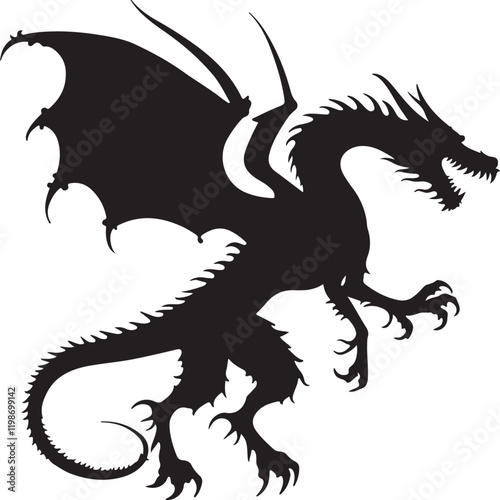 Fierce Dragon Silhouette - Mythical Art. black dragon vector. dragon, dragon silhouette, mythical creature and black dragon.