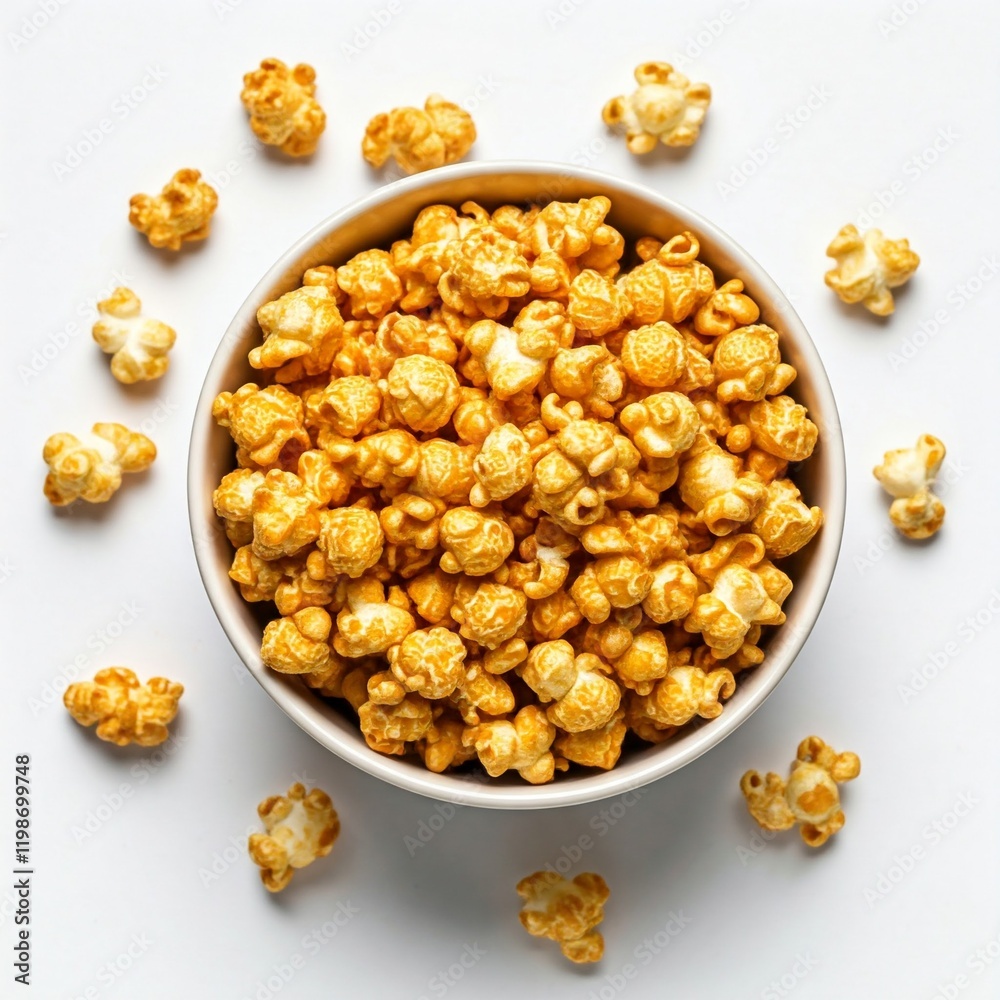 delicious caramel popcorn in white bowl with popcorn scattered around on white background delicious caramel popcorn in white bowl with popcorn scattered around on white background