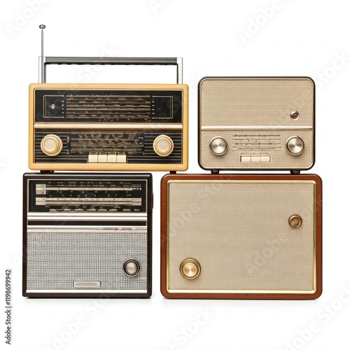 vintage retro radio stacked on a white background