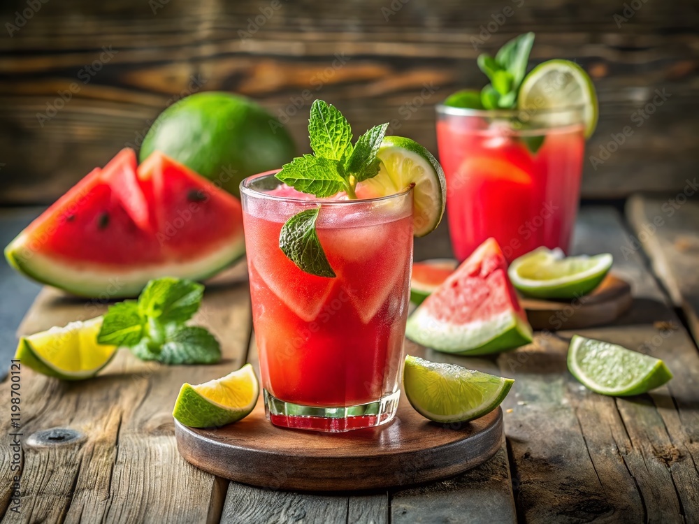Refreshing Watermelon Lemonade with Lime & Mint on Rustic Wood - Summer Drink Stock Photo Refreshing Watermelon Lemonade with Lime & Mint on Rustic Wood - Summer Drink Stock Photo