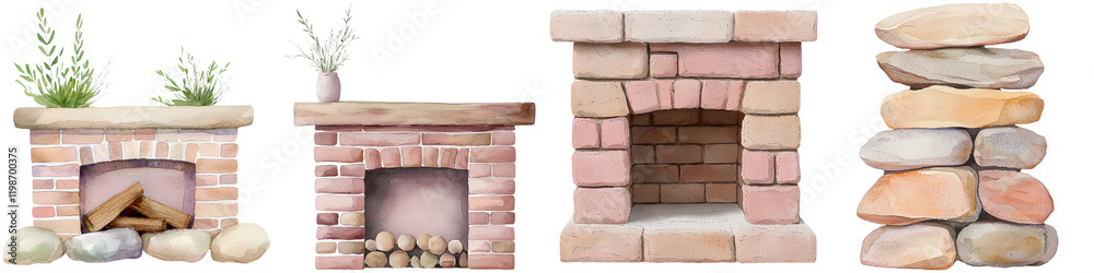 Obraz premium Fireplace heat and maintenance watercolor, A collection of uniquely designed stone fireplaces showcasing various styles and arrangements, each featuring distinct materials and decorative elements.