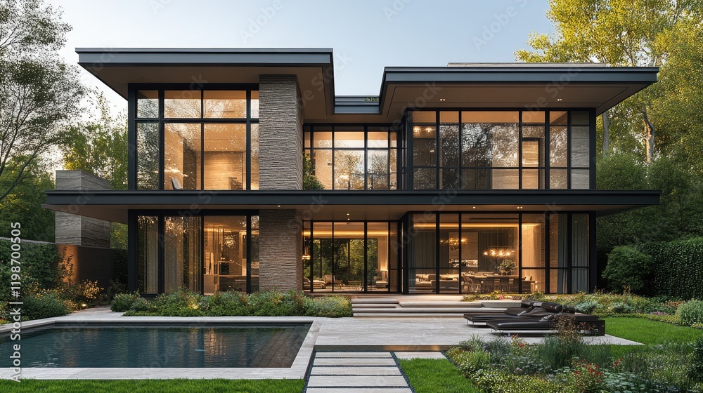 Modern architectural design of a luxurious house with large windows, serene garden, and pool area Modern architectural design of a luxurious house with large windows, serene garden, and pool area