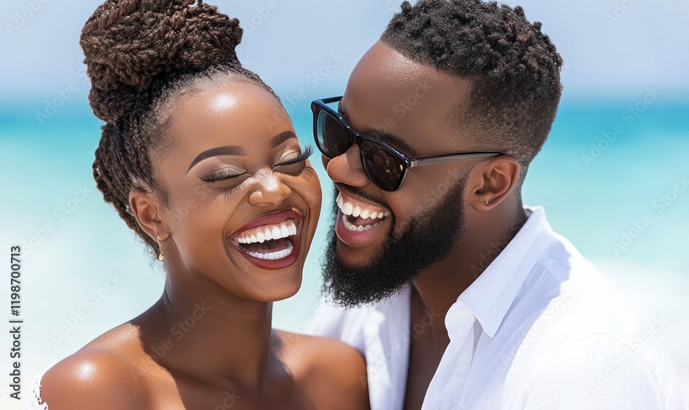 Happy couple laughing, beach, ocean background, romance Happy couple laughing, beach, ocean background, romance