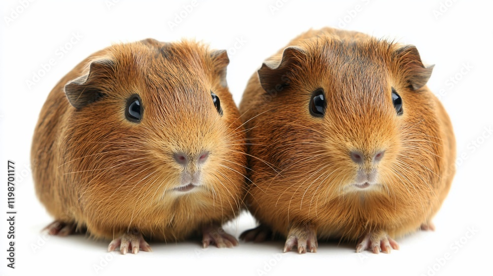 Two cute guinea pigs together, studio shot, white background, pet adoption Two cute guinea pigs together, studio shot, white background, pet adoption