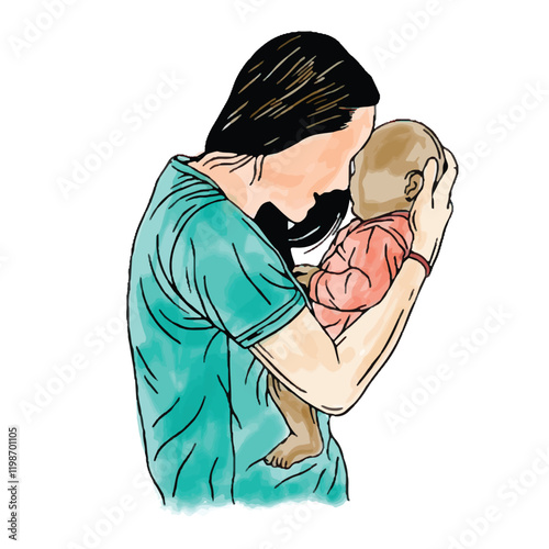 Mom with Baby in Watercolor vector Design, Watercolor Illustration of Mother and baby, Mothers day concept photo