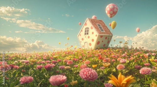 Whimsical polka-dot house in a vibrant flower field with balloons. photo