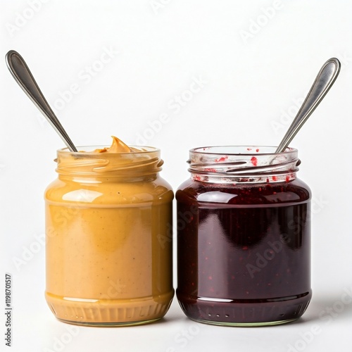 peanut butter and jelly jars with spoons on white background