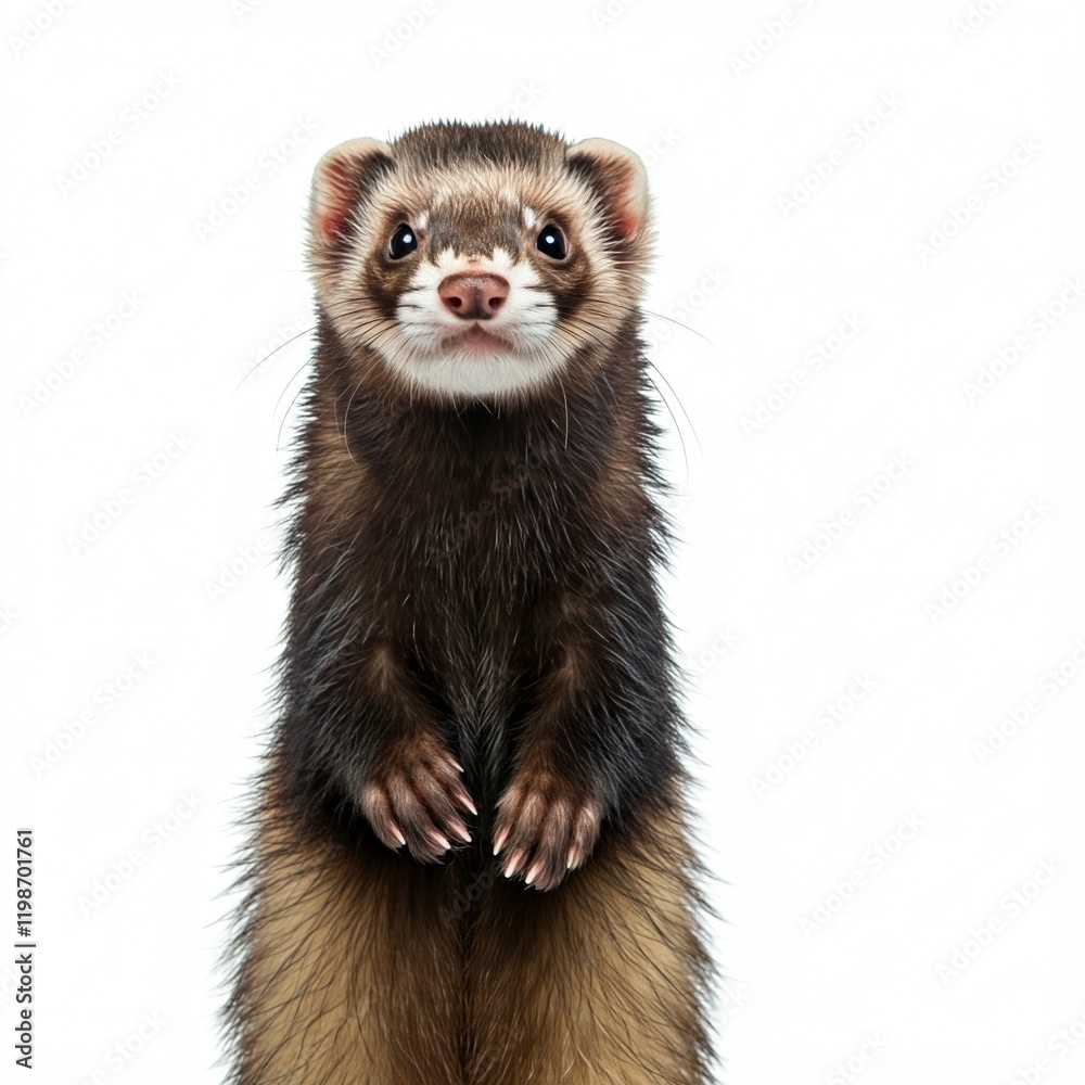 cute brown and white ferret standing on hind legs with a white background cute brown and white ferret standing on hind legs with a white background