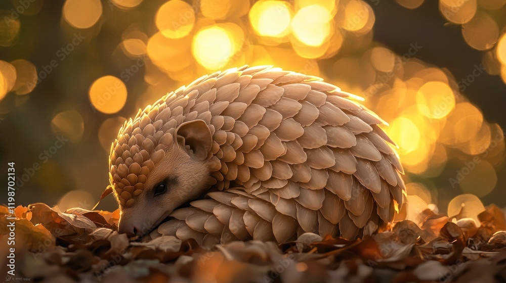Obraz premium Pangolin curled on autumn leaves, backlit by golden sunlight bokeh.