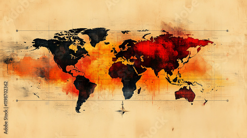 A map of the world, with fire hotspots symbolizing environmental impacts. photo