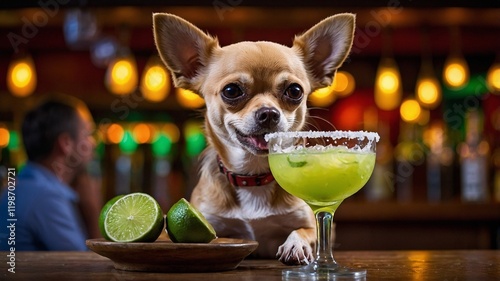 Chihuahua Enjoying a Bar Scene with a Cocktail and Limes Fun Dog Moments, chihuahua cocktail.