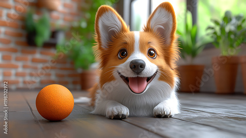 A cheerful cartoon dog playing with a ball on the house floor, cute and playful style, vibrant colors, joyful atmosphere, simple background, cartoon art style, wholesome scene
